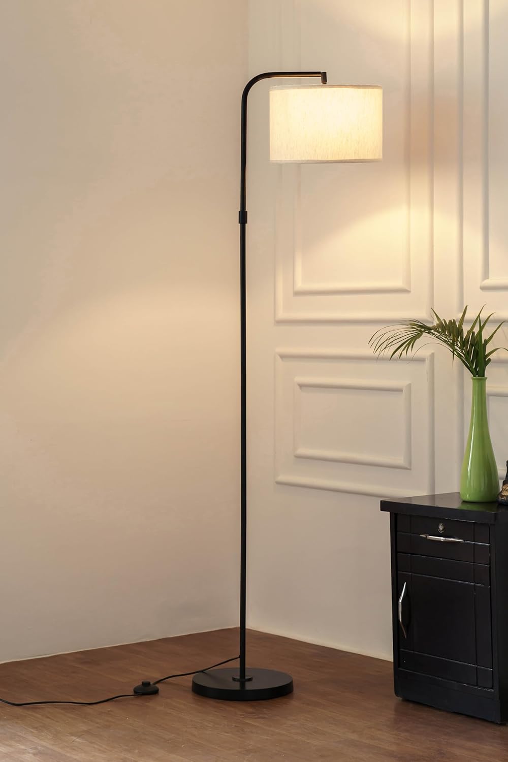Black Polished Modern Arc Floor Lamp with Adjustable Shade 6Ft Height with 12 inches Off White Drum Lampshade Pack of 1 - Led Bulb Included