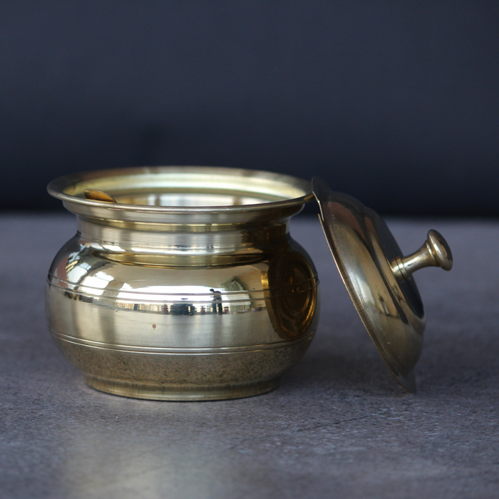 Golden Brass Ghee Pot With Lid & Spoon | Storage Utensils For Kitchen