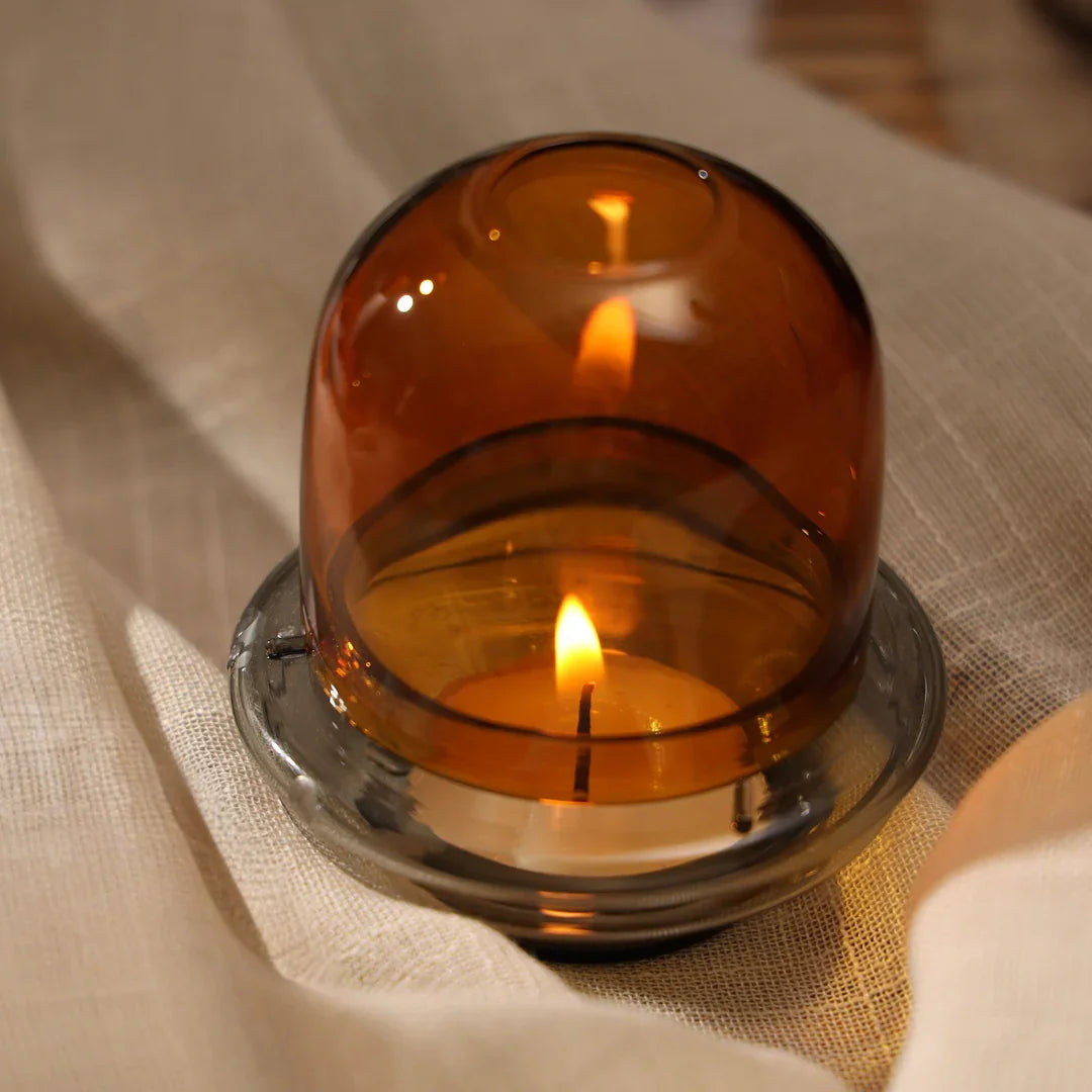 Muun Dome Tealight Holder | Borosilicate Glass Candle Holder Set in Amber & Teal Color - Set of 2