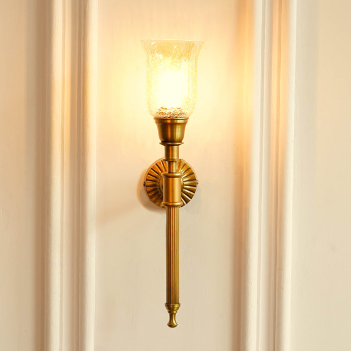 Brass Antique Finish Corrugated Wall Lamp with Chimney Crackled Glass Golden Luster Shade