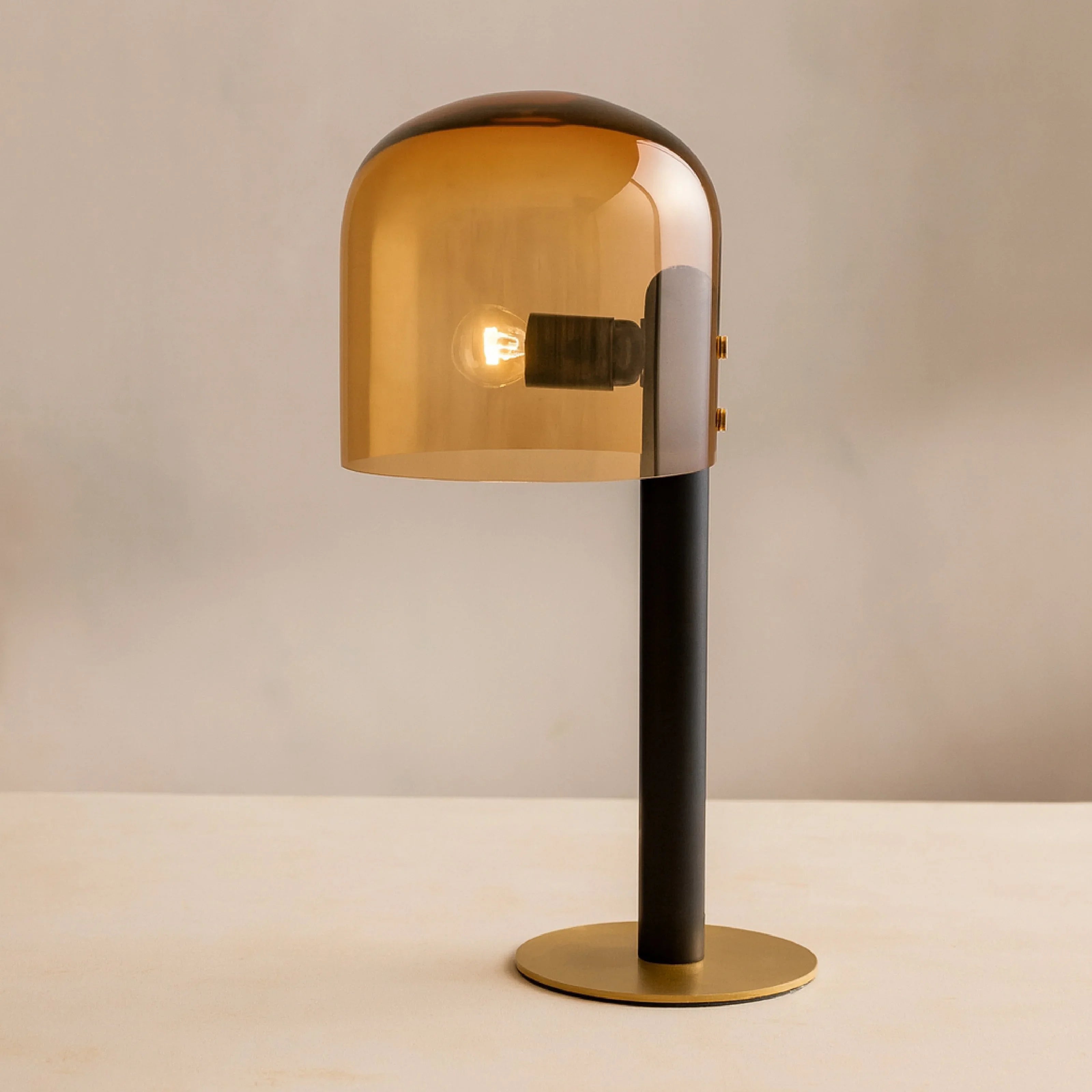 Syra Designer Table Lamp for Living Room | Modern Black & Brass LED Lamp with Amber Glass Dome