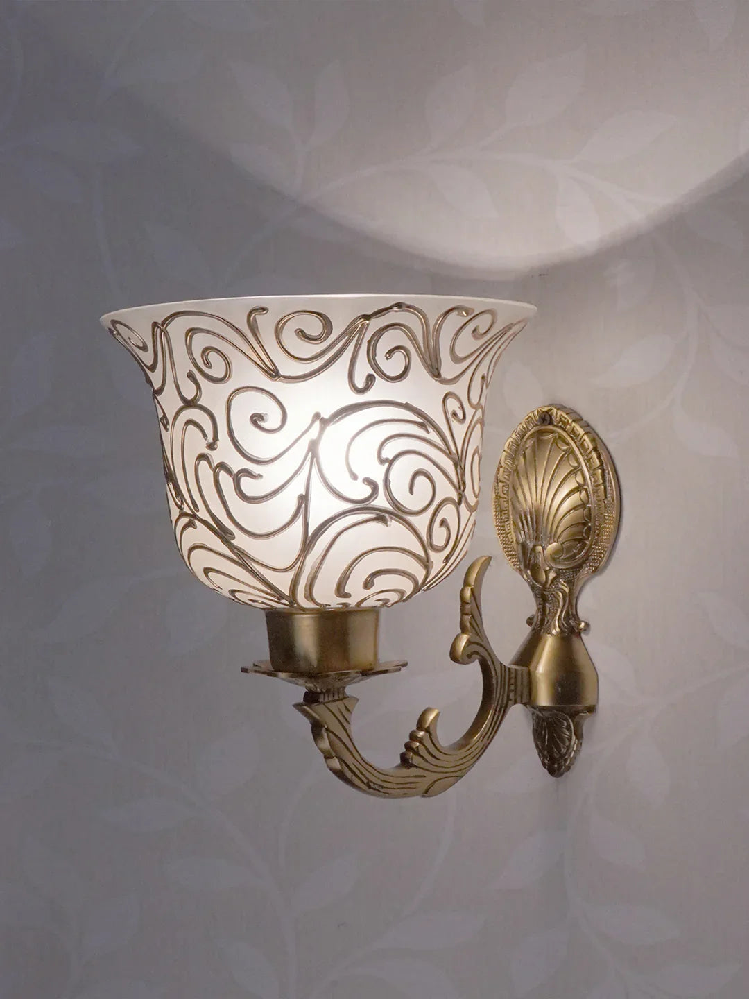 Traditional Antique Brass Wall Light with Frosted Glass Shades with Jaipuri designing on glass