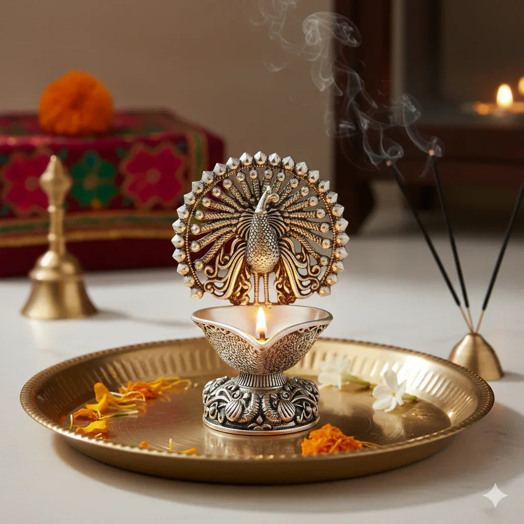 Pure Silver Plated Brass Peacock Diya