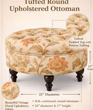 Miyabi Floral Velvet Round Ottoman with Sagwan Wood