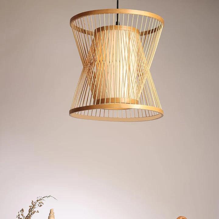 Bamboo Hanging Lamp with Ceramic Base | Cane/Rattan Hanging Light for Living Room, Bedroom & Café Décor