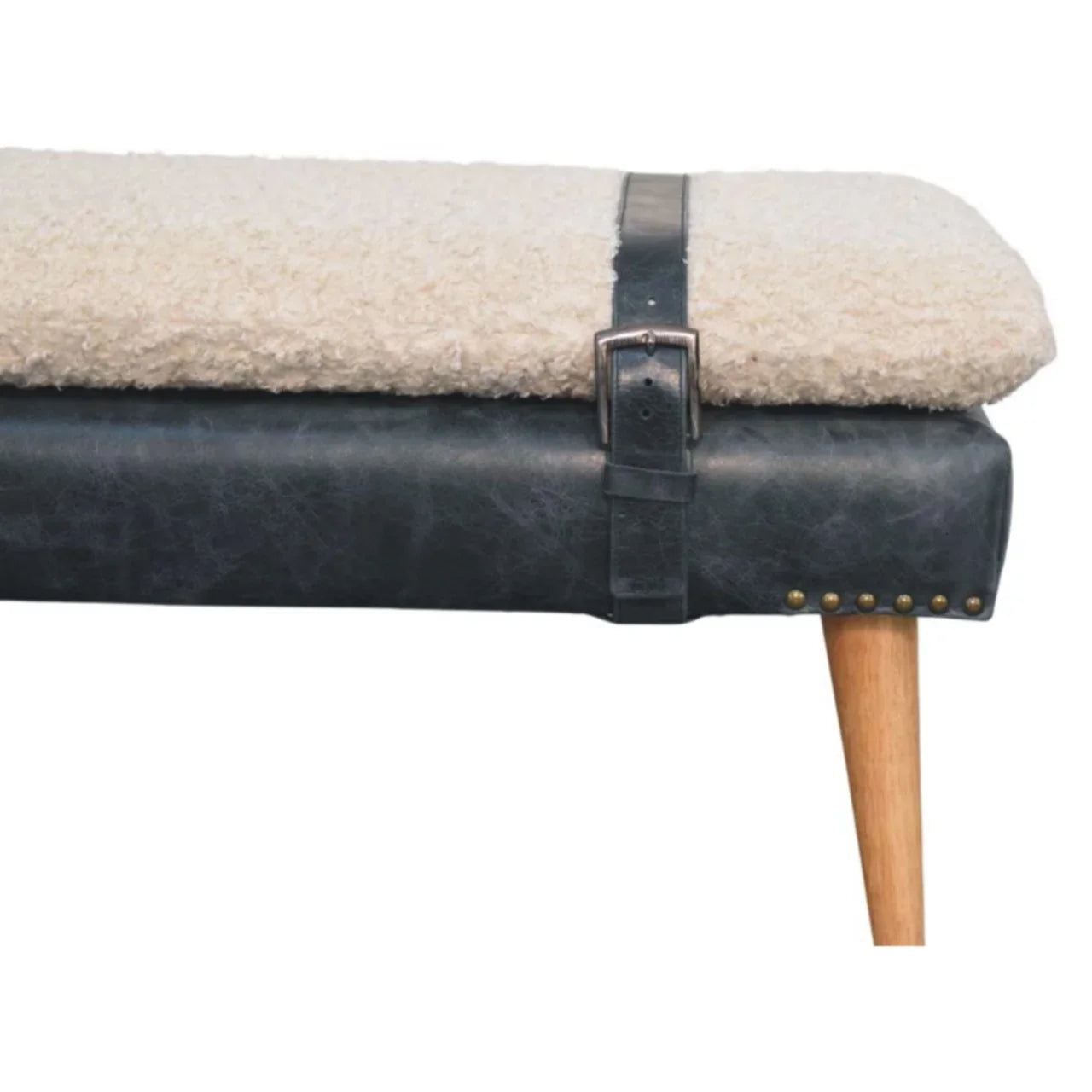 Boucle & Mahogany Leather Bench | Wooden Bench with Nordic Legs | Mango Wood Sitting Bench