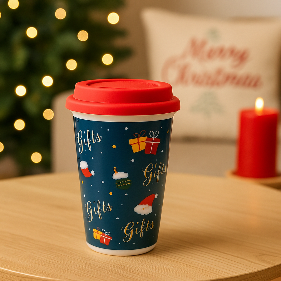 Christmas Ceramic Mug with Red Silicone Lid – 400 ml Coffee & Tea Cup