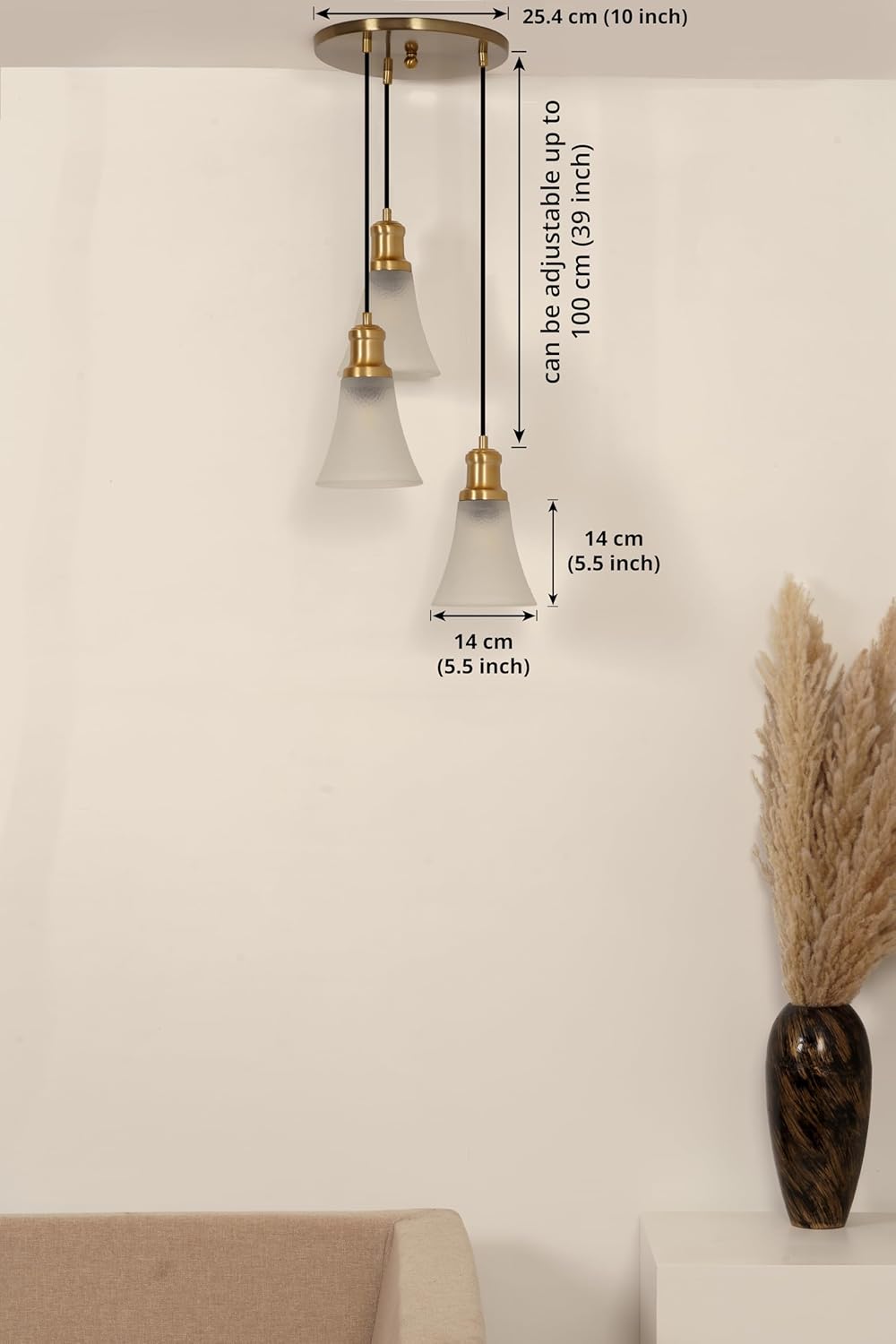 Triple Hanging Pendant Light Antique Brass Finish with Hammered Frost Glass for Living Room, Home Decoration