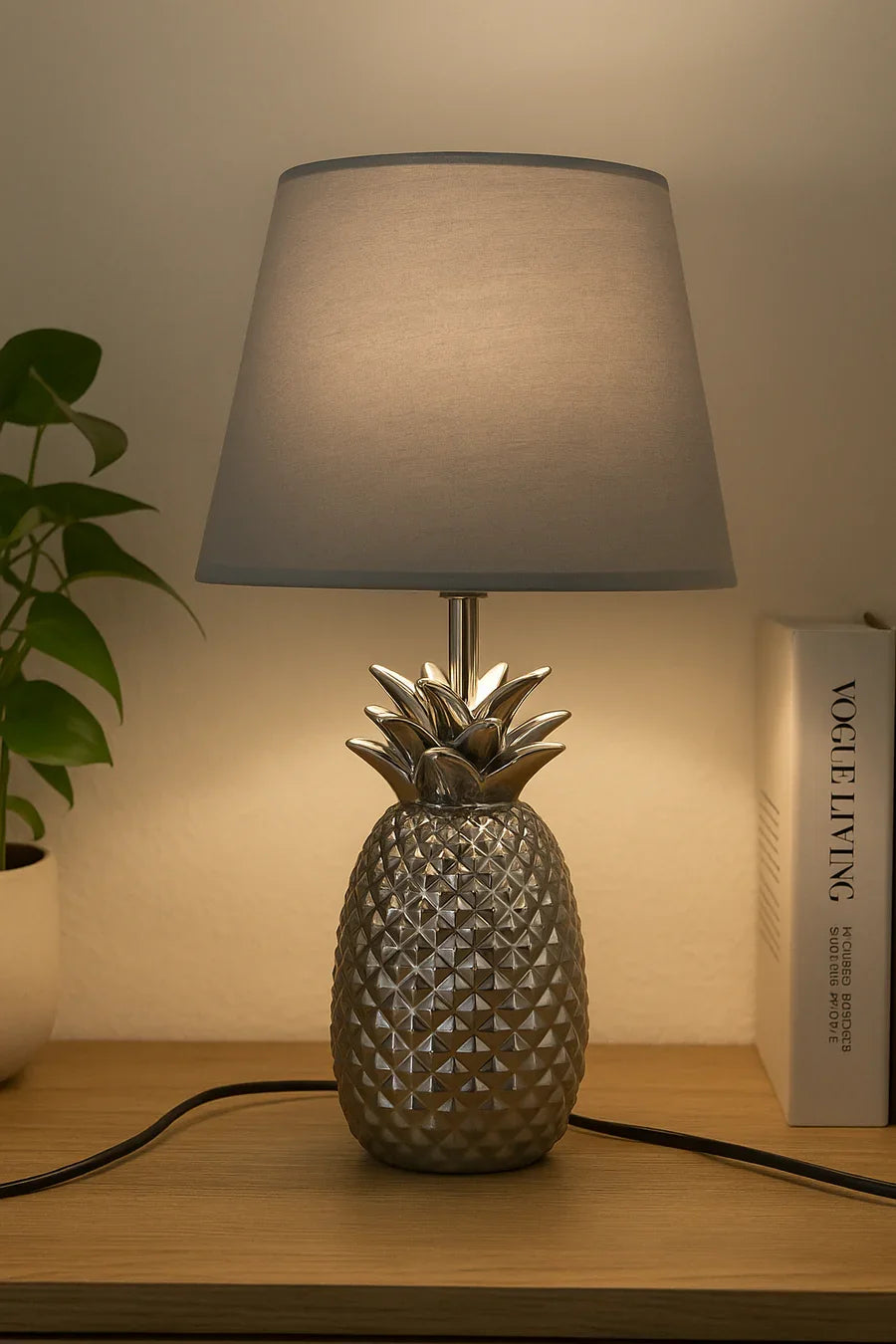 Silver Pineapple Table Lamp with Fabric Shade | Decorative Bedside Lamp