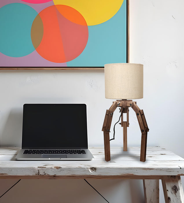 Crawler Brown Wooden Table Lamp with Yellow Printed Fabric Lampshade