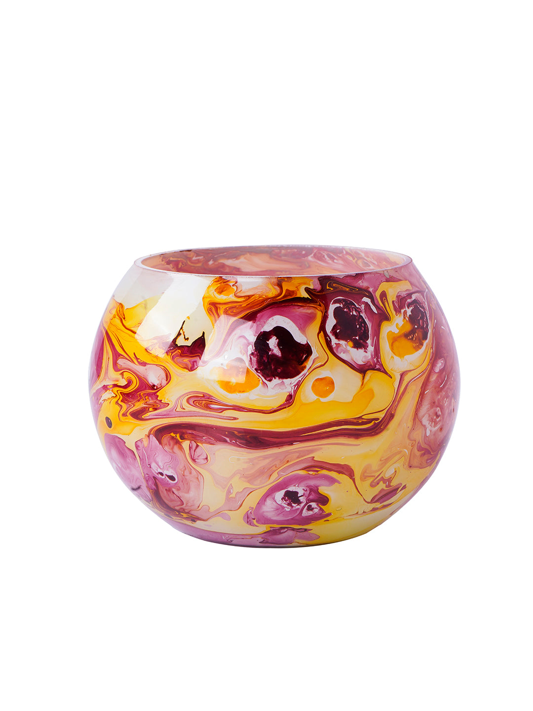 Swirling Sunset: Round Glass Tea Light Holder with Red & Yellow Marble Effect