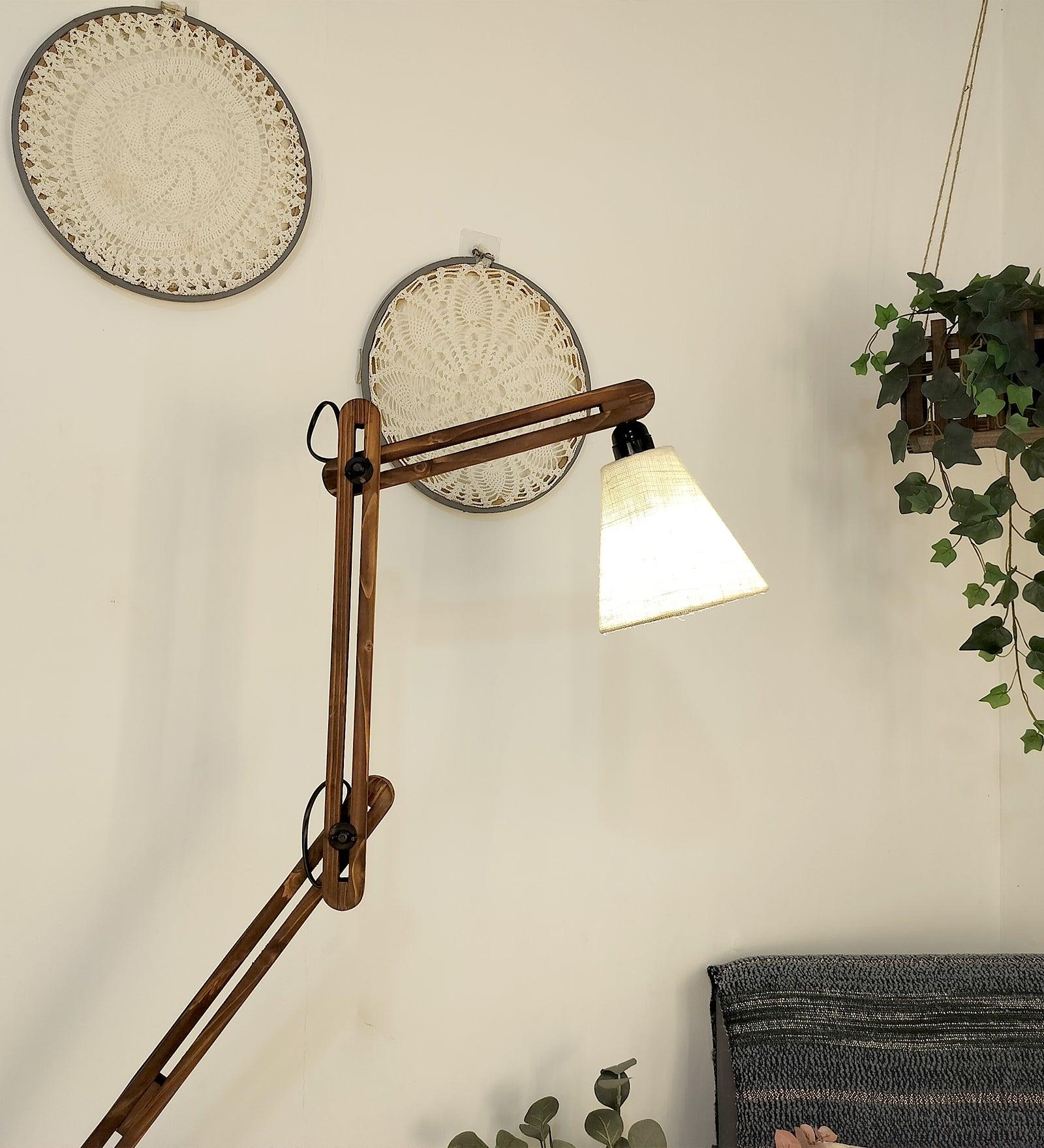 Hydra Wooden Floor Lamp with Brown Base and Jute Fabric Lampshade