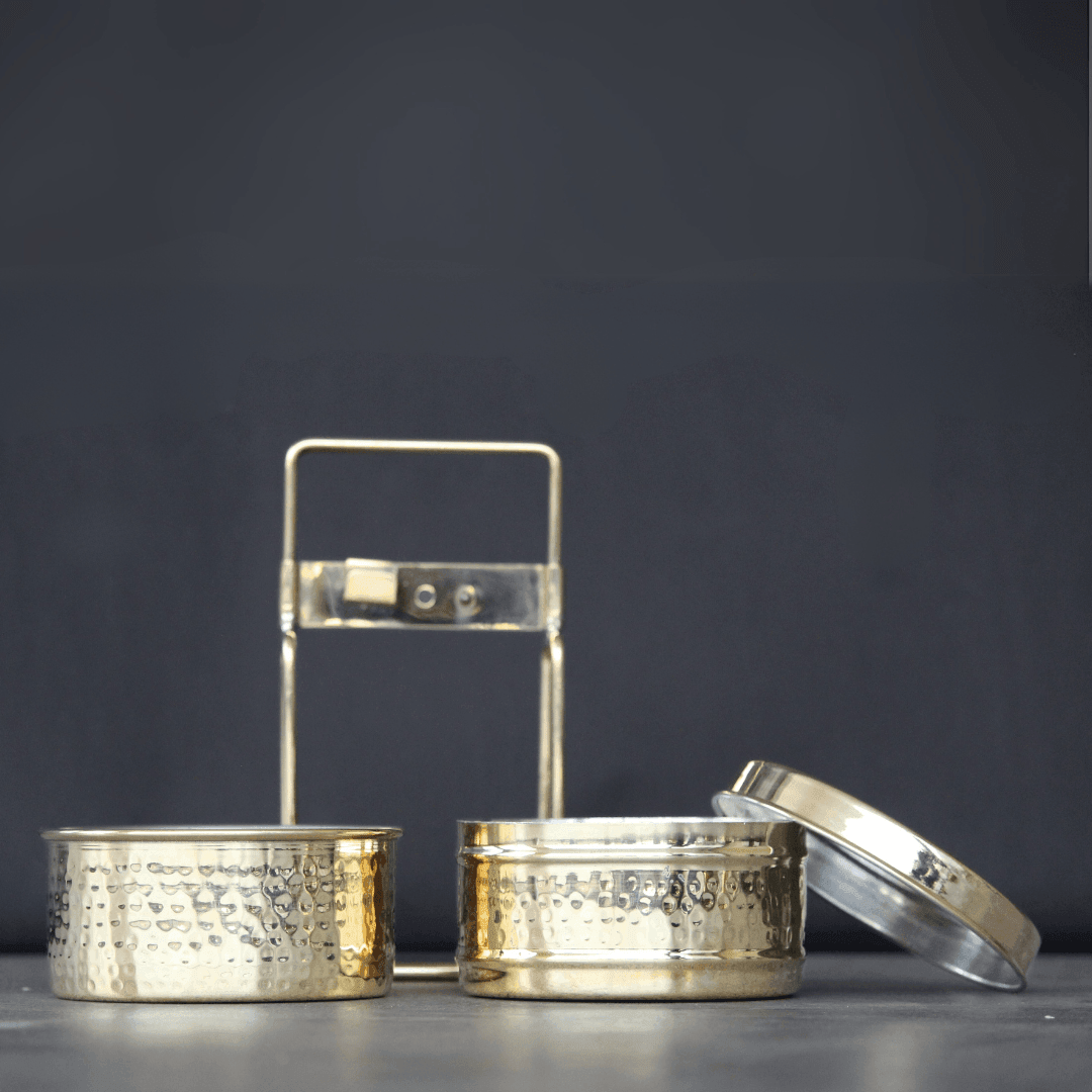 Golden Pure Brass Tiffin Box With Hammered Design For Office School & Travelling