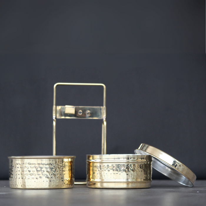 Golden Pure Brass Tiffin Box With Hammered Design For Office School & Travelling