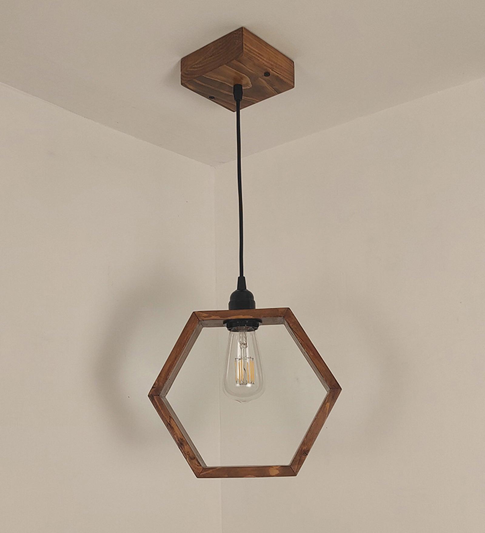 Hex Brown Wooden Single Hanging Light & Pendant Lamps for Living Room Decor