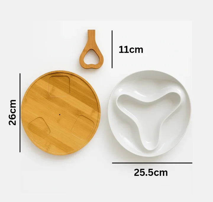 Heart Handle Ceramic Serving Bowl Set with Wooden Stand – 3-Compartment White Snack & Dry Fruit Server