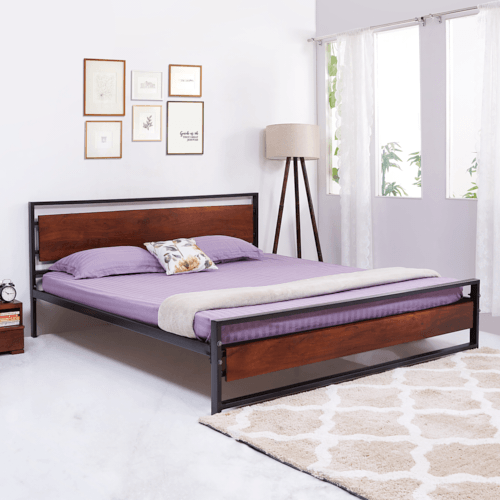 Pixel Wooden King Bed | Metal + Acacia Wood