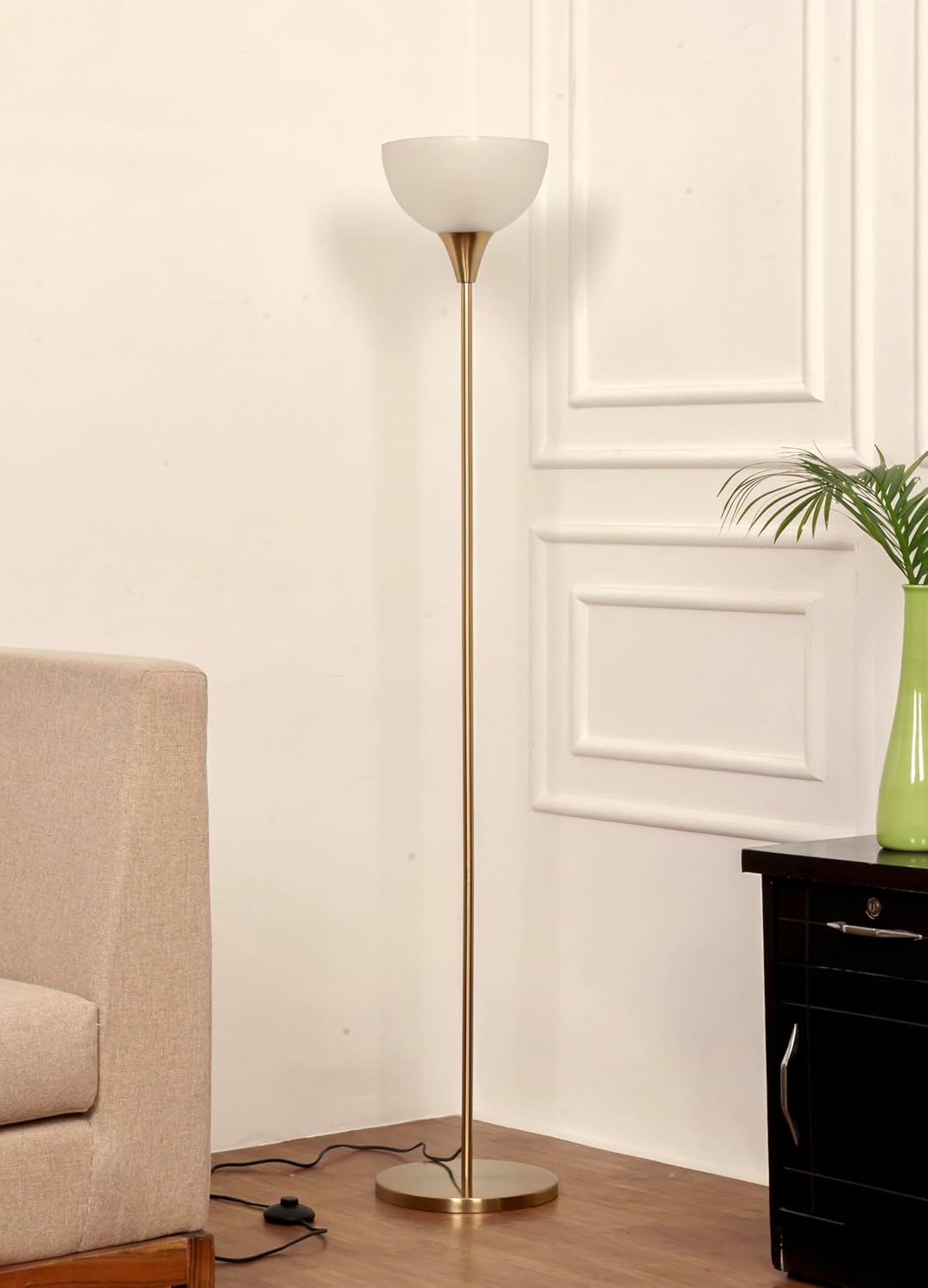 Uplighter Brass Antique Finish Floor Lamp for Living Room with Frosted Glass Lampshade