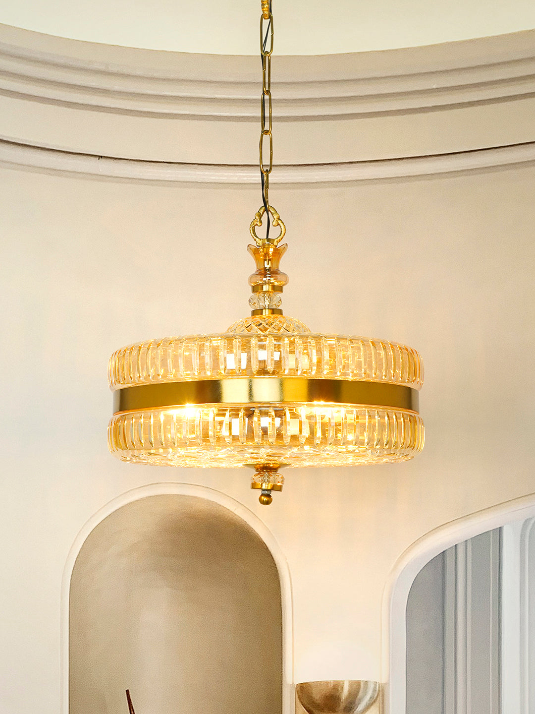 16-Inch Gold Round Hand-Cut Glass Hanging
  Light | Transitional 4-Light Brass Pendant with Golden Luster Finish
