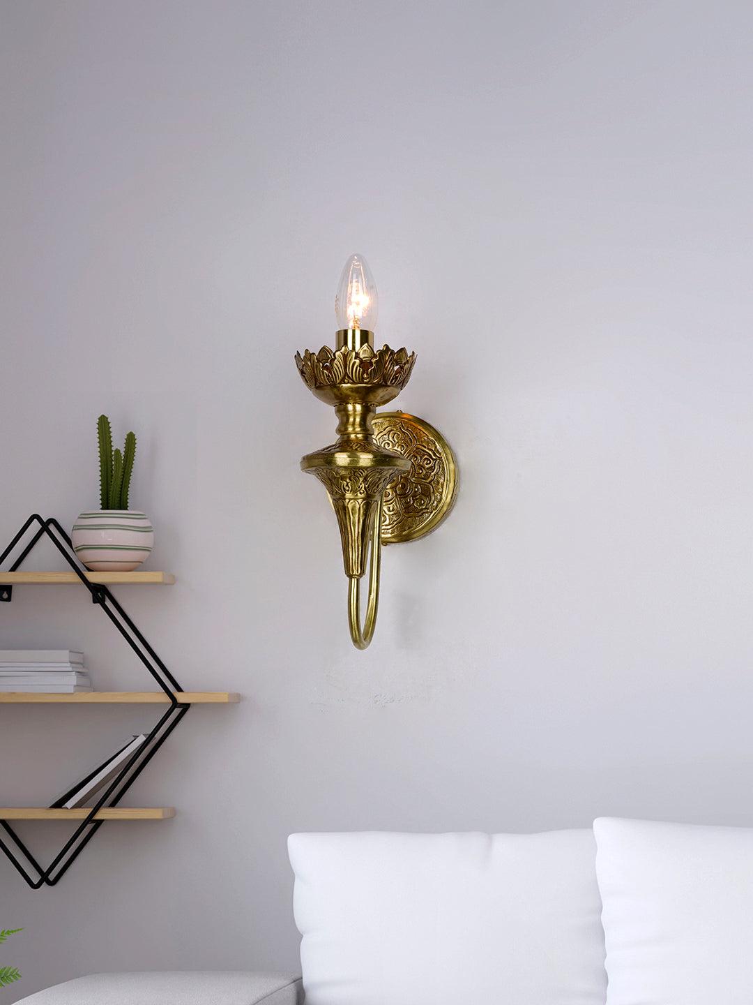Classic Indian Hand-Carved Brass Candelabra Wall Sconce