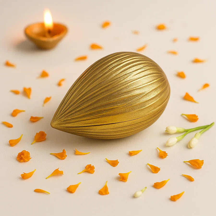 Premium Golden Almond-Shaped Candle with Lid | Pre-Filled Aroma Wax | Decorative Metal Container