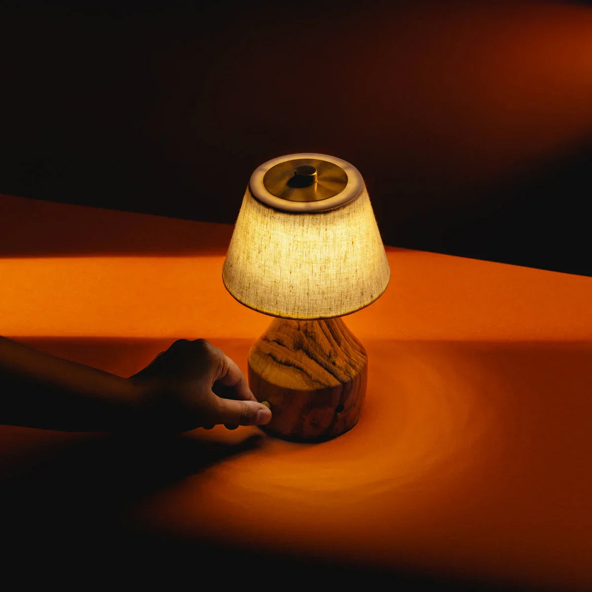 Reverie Luxurious Teak Wood Table Lamp for Living Room | Cordless Rechargeable LED Lamp with Cotton Shade