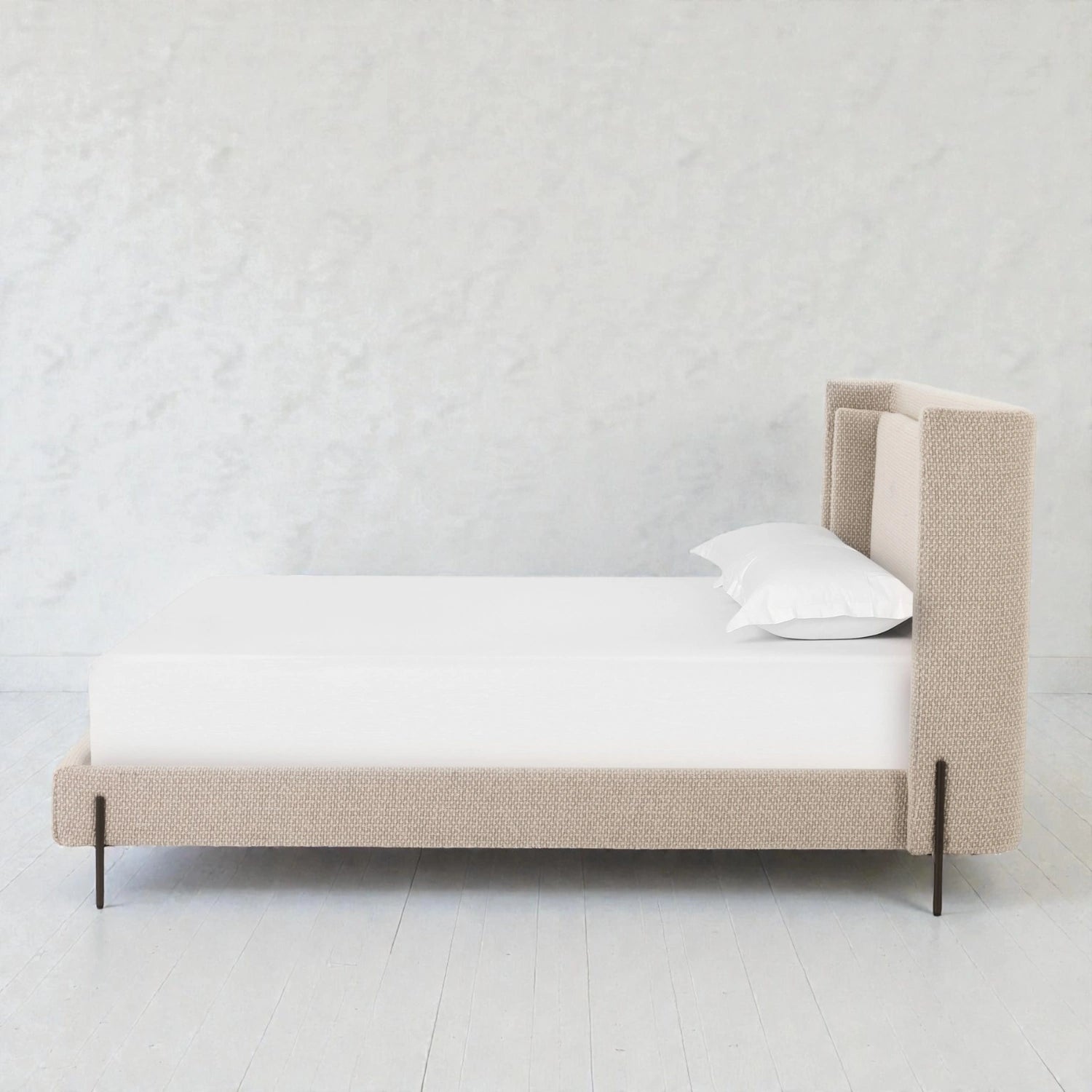 Dob Fabric Upholstery And Black Finished Metal Legs King Size Bed