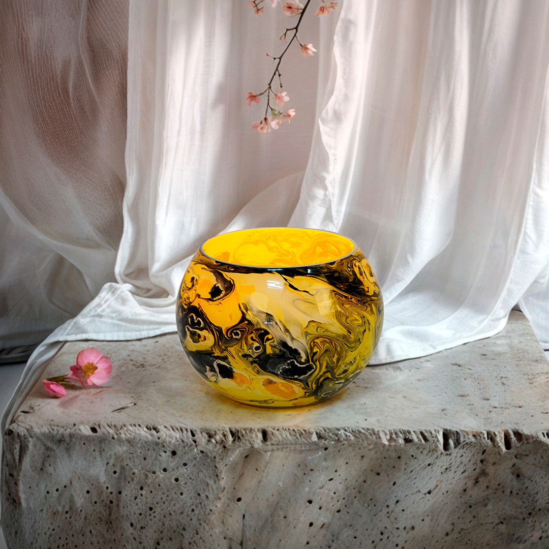 Midnight & Mustard: Round Glass Tea Light Holder with Bold Yellow & Black Marble