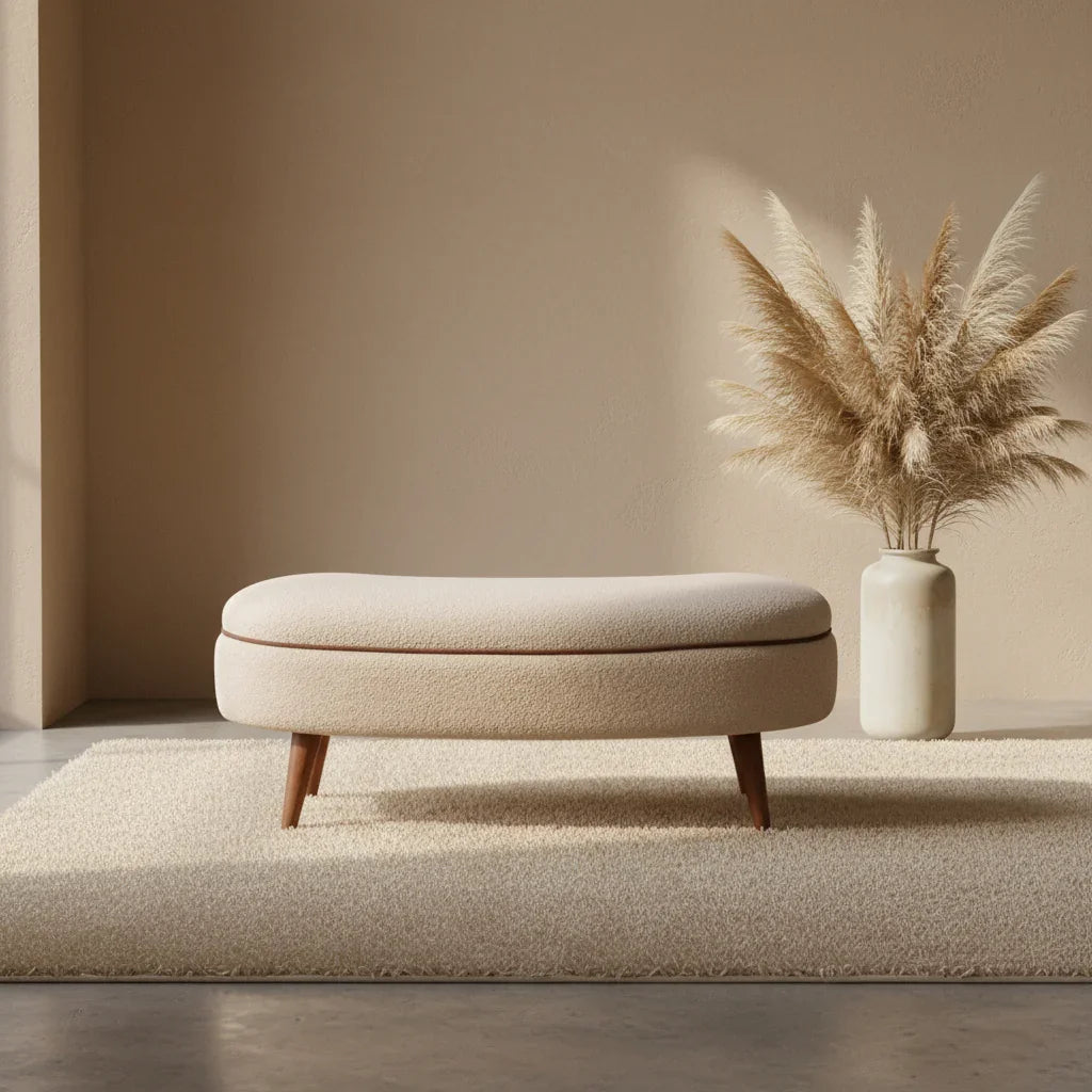 Bouclé Upholstered Bench | Wooden Bench Seat with Leather Piping (Mango Wood Legs)