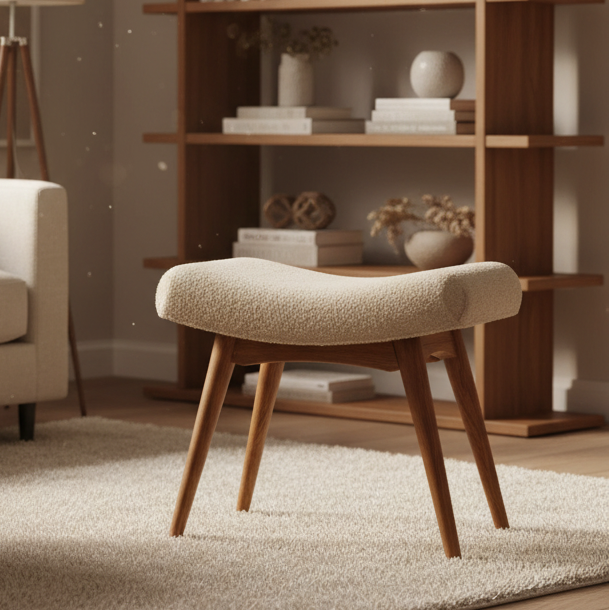 Boucle Upholstered Wooden Bench | Nordic Solid Mango Wood Accent Bench Stool