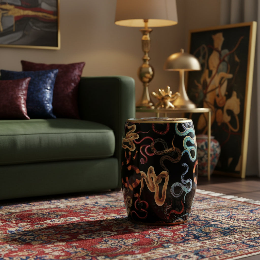 Retro Snakes Porcelain Stool | Multicolor Designer Accent Stool for Living Room