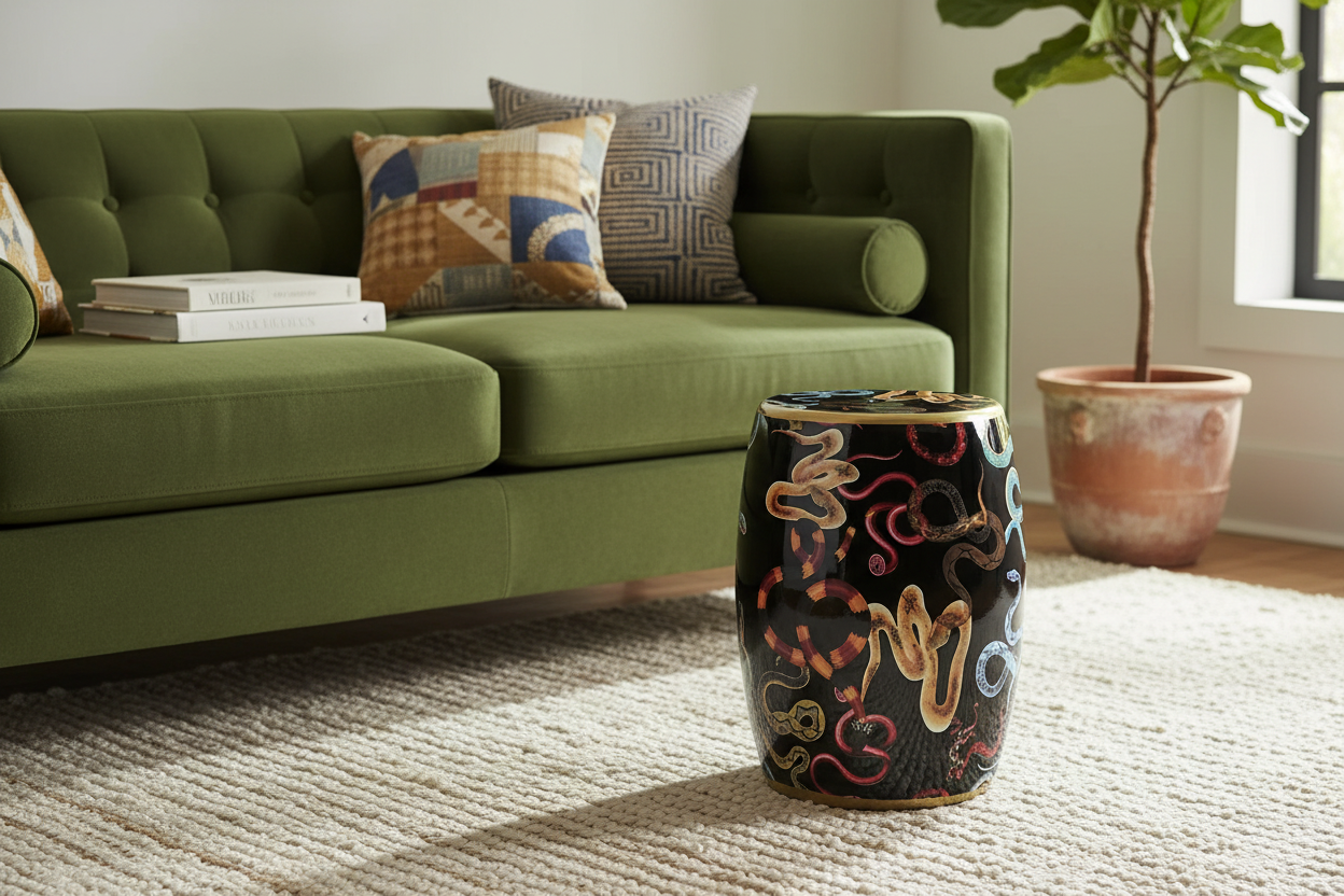 Retro Snakes Porcelain Stool | Multicolor Designer Accent Stool for Living Room