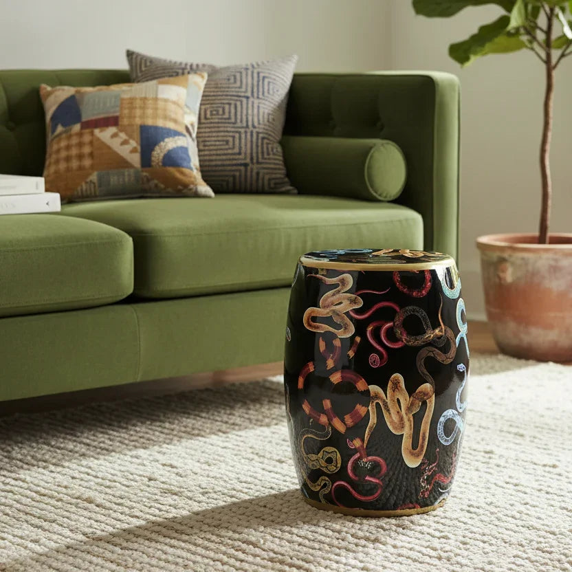 Retro Snakes Porcelain Stool | Multicolor Designer Accent Stool for Living Room