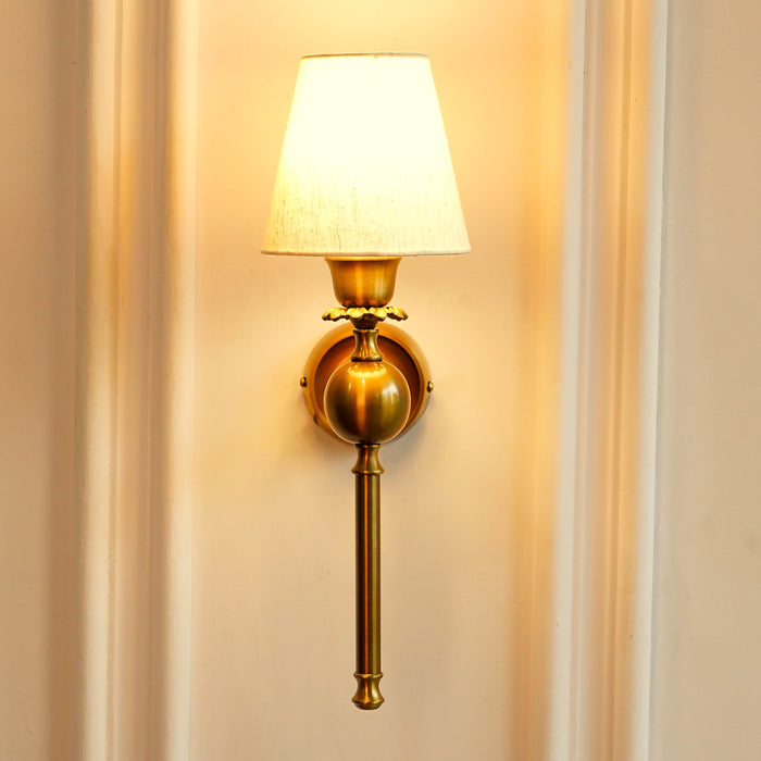 Brass Antique Finish Ball Wall Lamp with Off White Shade