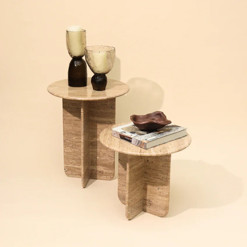 Travertine Side Table for Living Room | Premium Marble Corner Table | End Table