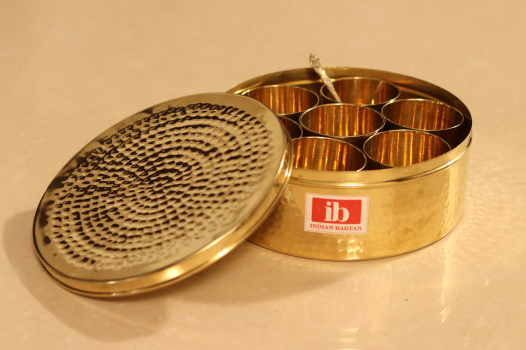 Brass Spice Box With Hammered Lid | Golden Masala Daani For kitchen