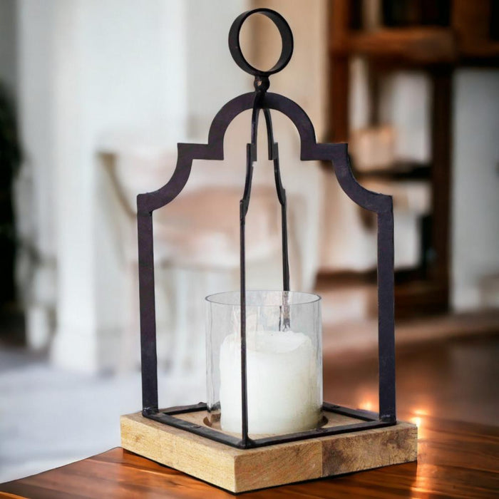 Tall Wood & Black Iron Lantern | Decorative Tealight Candle Holder & Centerpieces for Home