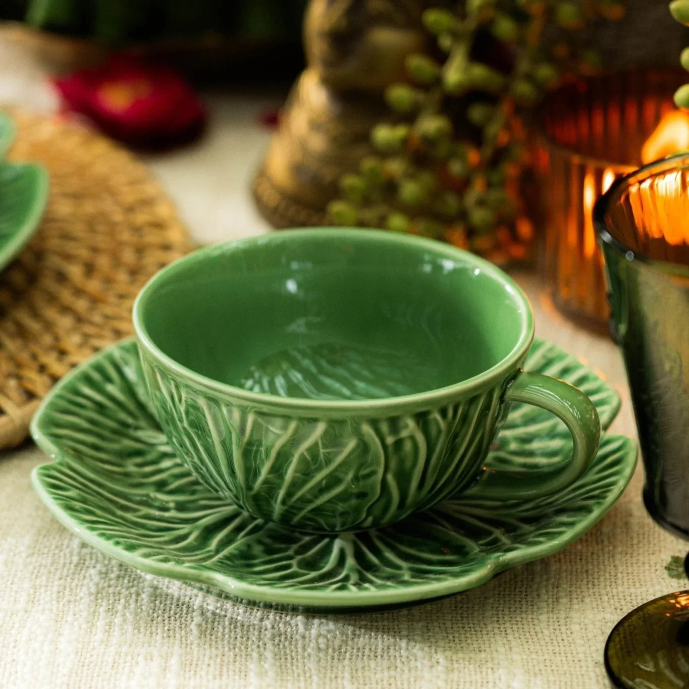 Parna Tea Cup & Saucer Set | Premium Green Stoneware Ceramic Tableware for Elegant Tea Rituals