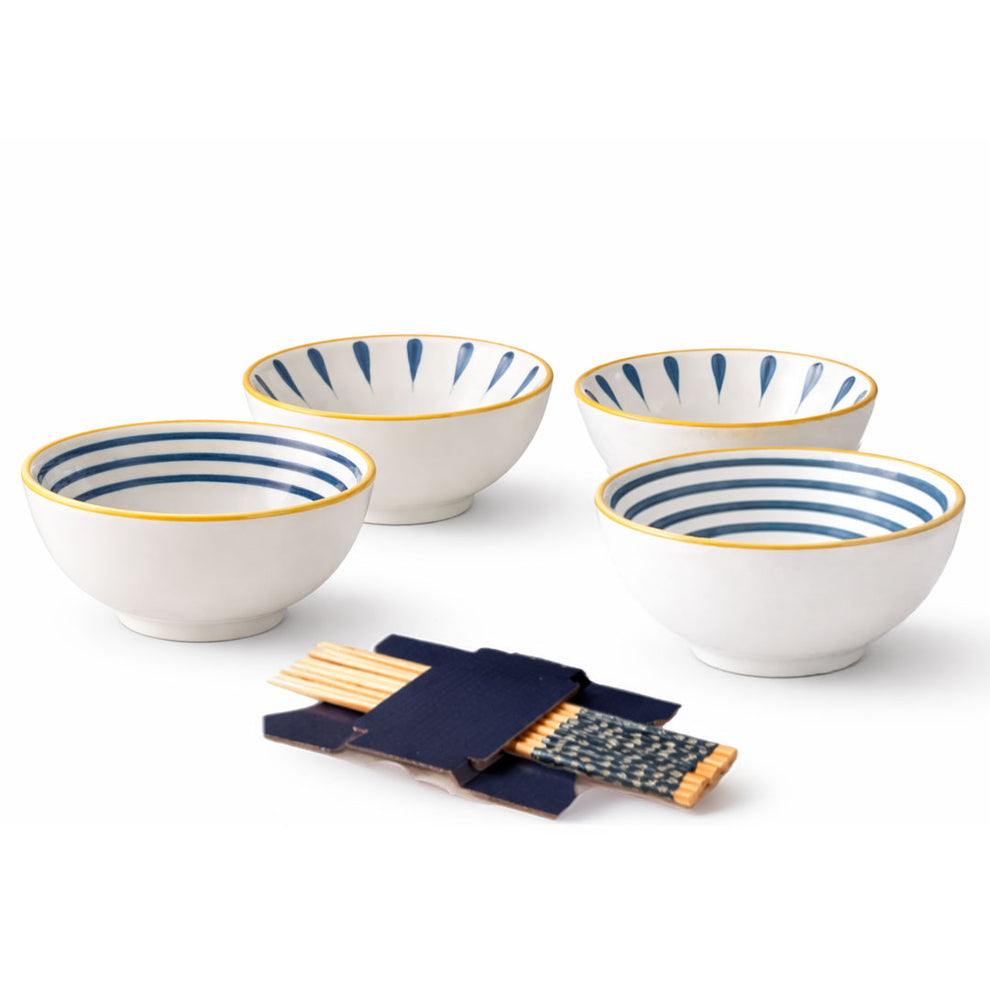 250ml Ceramic Bowl Set of 4 with 8 Chopsticks | 11.3 cm Snack & Rice Bowls | Microwave & Dishwasher Safe | BPA & Lead-Free | Ideal for Dal, Fruits, Salad & Serving