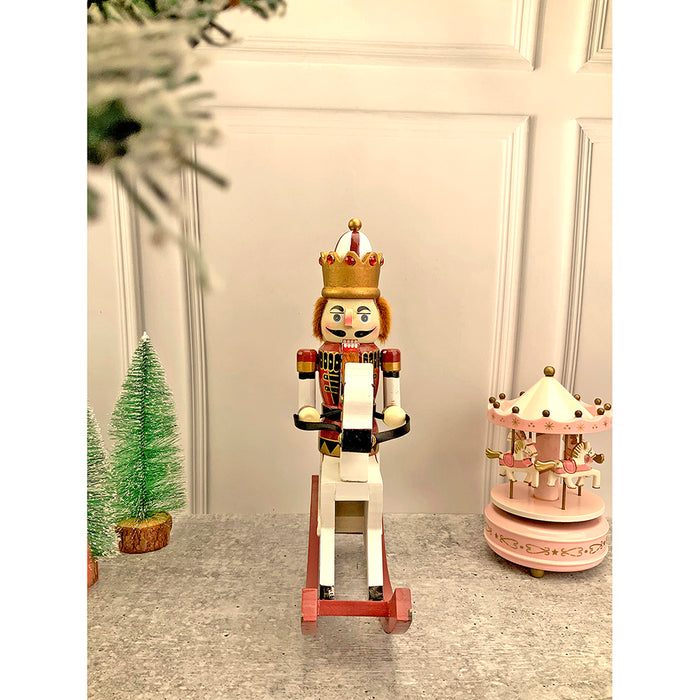 12 Inches Wooden Maroon Rocking Horse Nutcracker Self Standing Christmas Table Decor