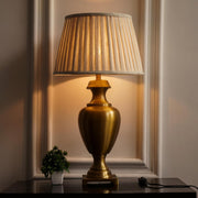 Royal Brass Antique Gold Finish Trophy Table Lamp 27 Inches Height With Off White Pleated 14 Inches Diameter Lampshade