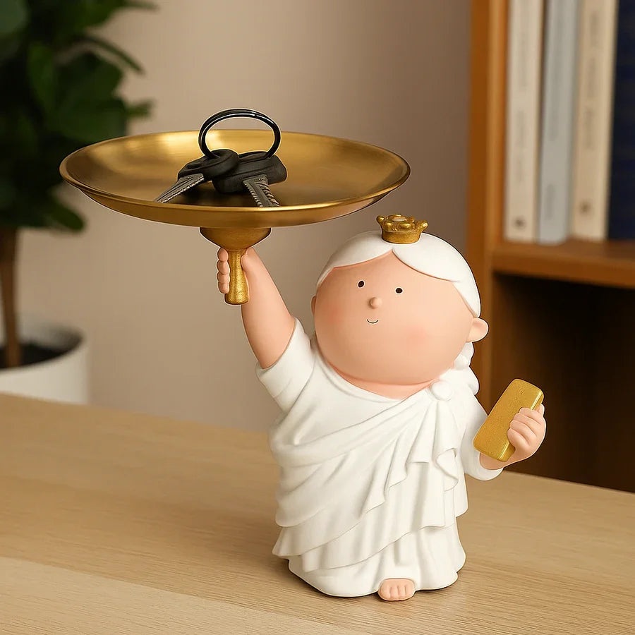Resin Table Decor Statue with Golden Tray | Cute Lady Holding Plate Figurine
