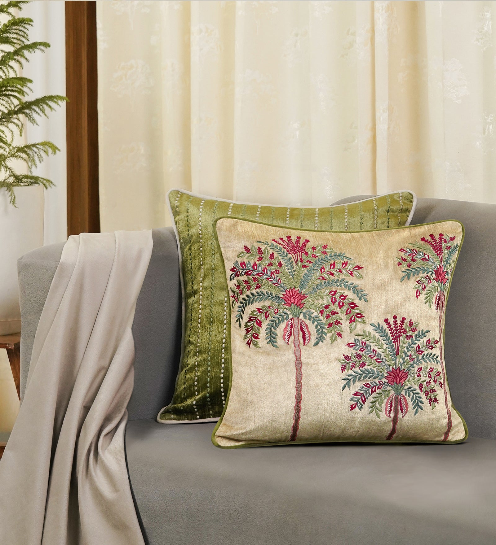 Udaya Palm Embroidery Cushion Cover - 18x18