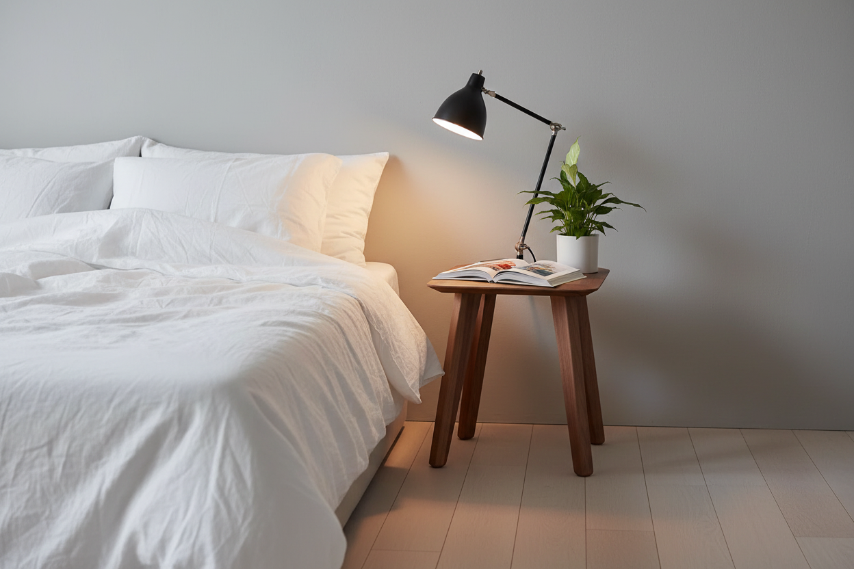 Jaipur solid wood stool used as bedside table in modern bedroom