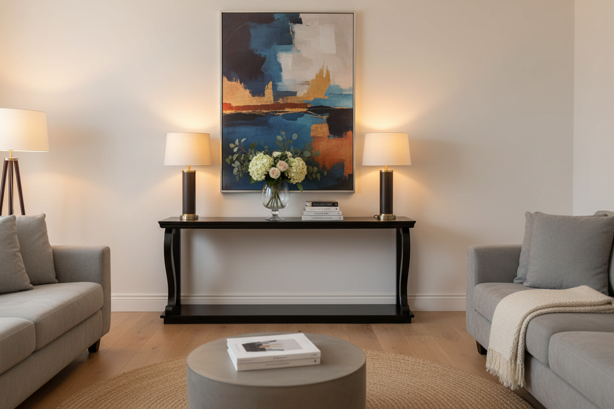 Sau Paulo dark walnut console table in living room behind sofa with lamps and flowers