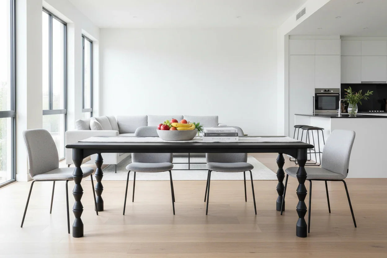 Delbee mango wood dining table in open-plan dining area with natural light