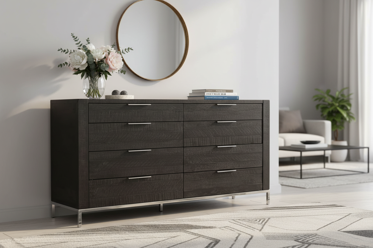 Grapple matt black chest of drawers in contemporary living room with mirror and flowers