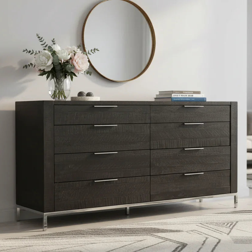 Grapple matt black chest of drawers in contemporary living room with mirror and flowers