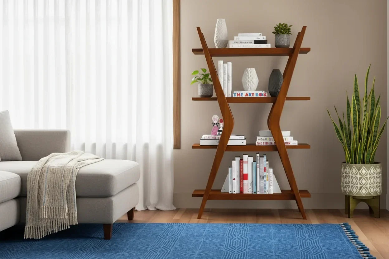 Lotus brown mango wood bookshelf in living room with books and plants