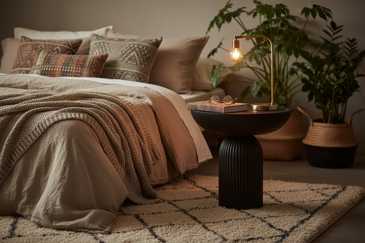 Samurai coffee table black finish in bohemian bedroom